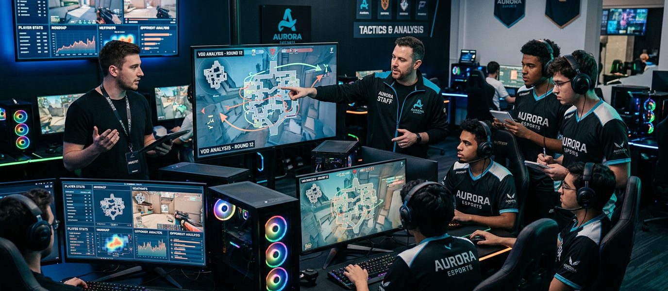 pelatih tim esports, analis esports, strategi tim esports, performa pro player